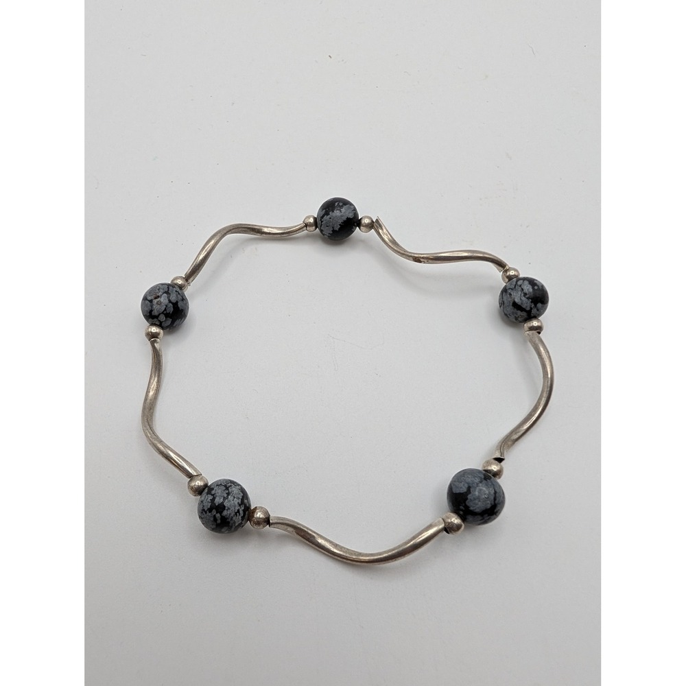 Snowflake Obsidian Wavy Bar Stretch Bracelet Silver Tone Minimalist